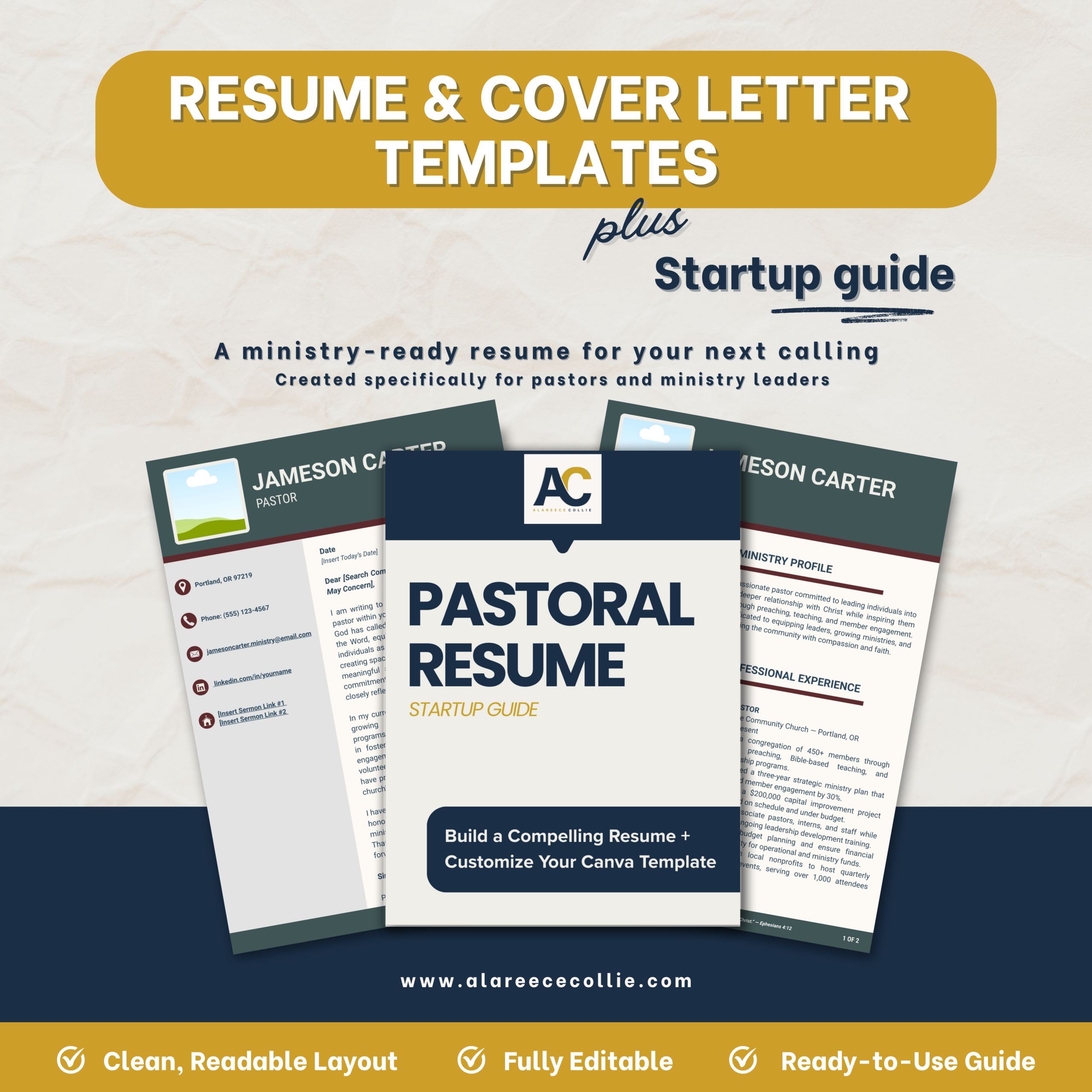 Pastoral Resume Template + Cover Letter (Editable in Canva) — Includes Complimentary Startup Guide