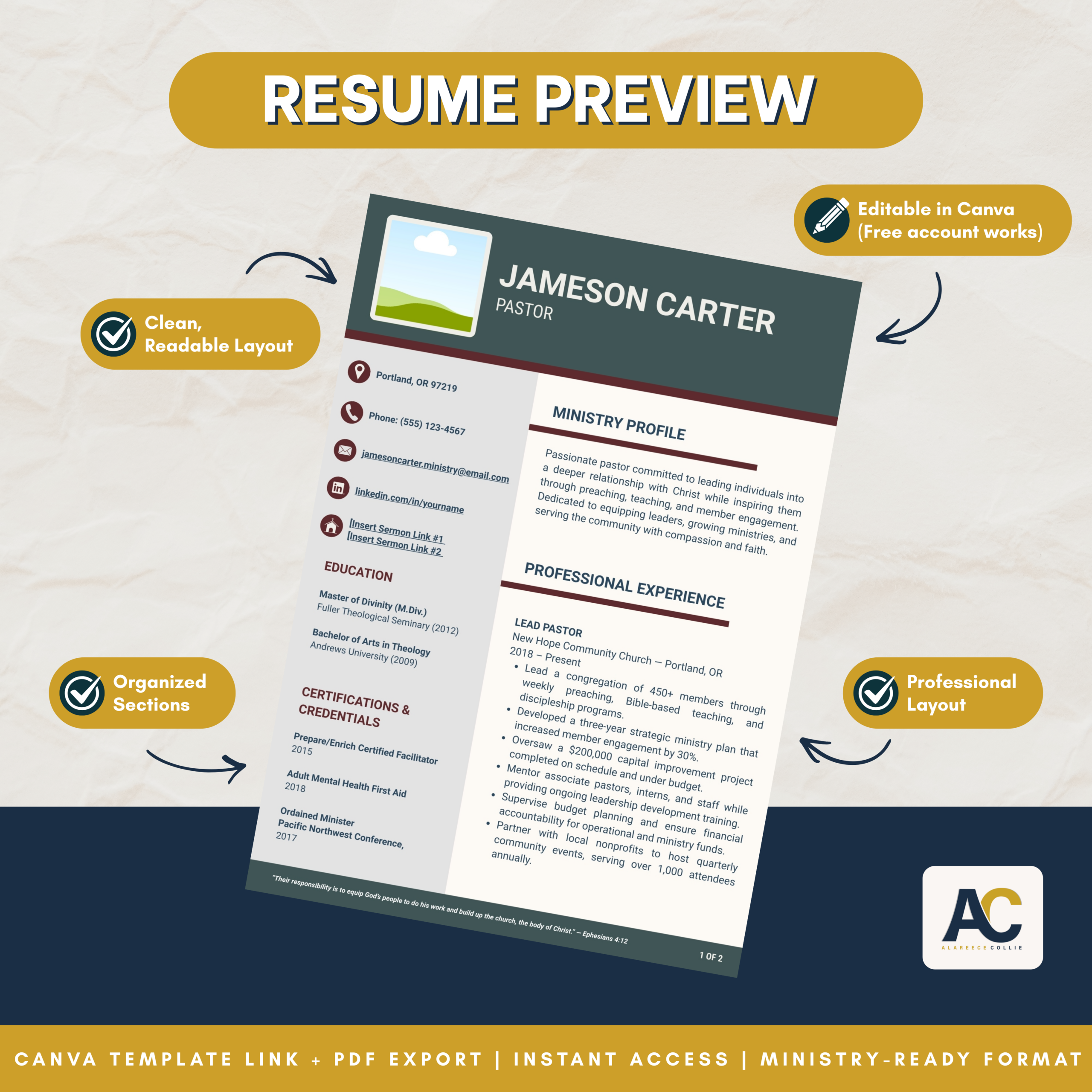 Pastoral Resume Template + Cover Letter (Editable in Canva) — Includes Complimentary Startup Guide - Image 3