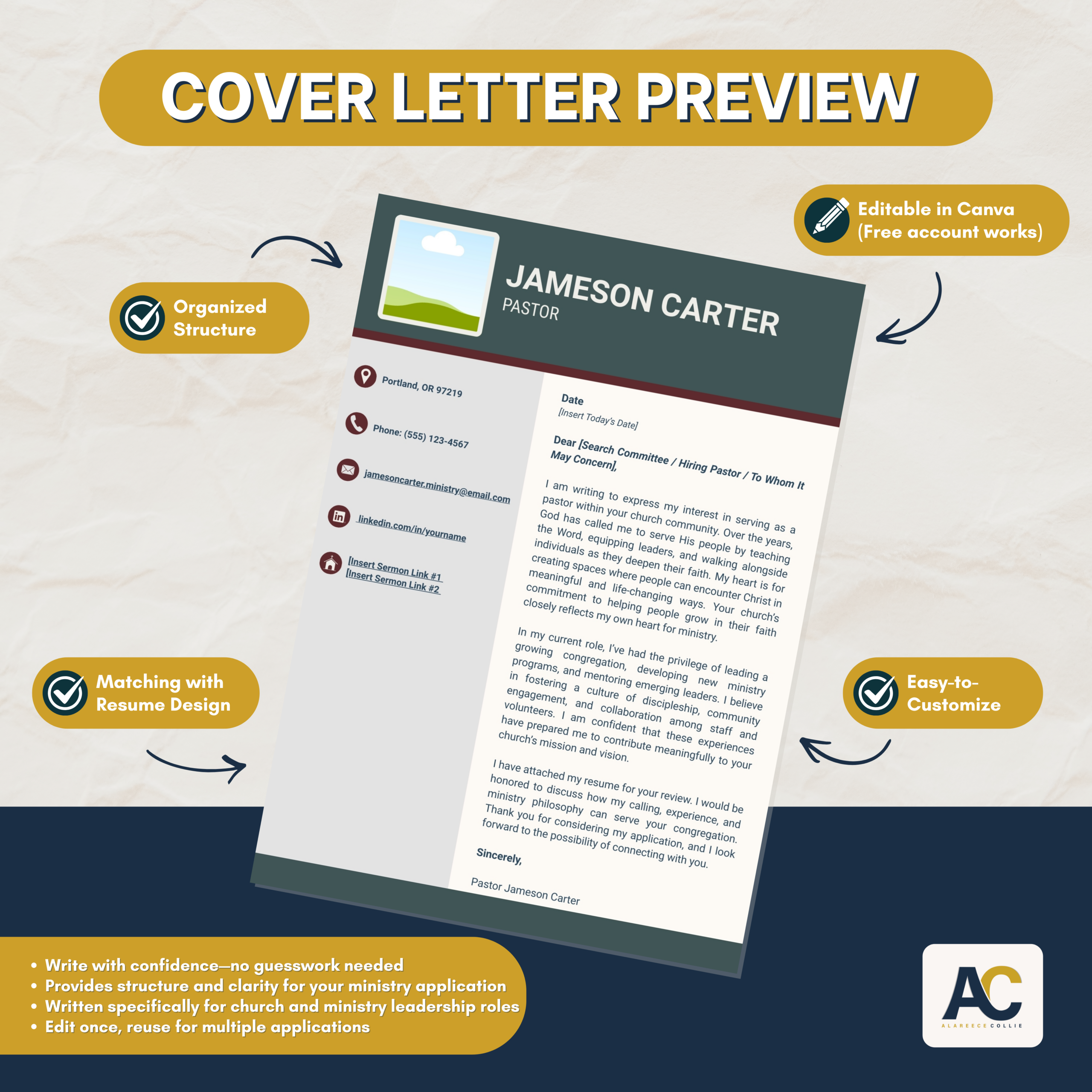 Pastoral Resume Template + Cover Letter (Editable in Canva) — Includes Complimentary Startup Guide - Image 4