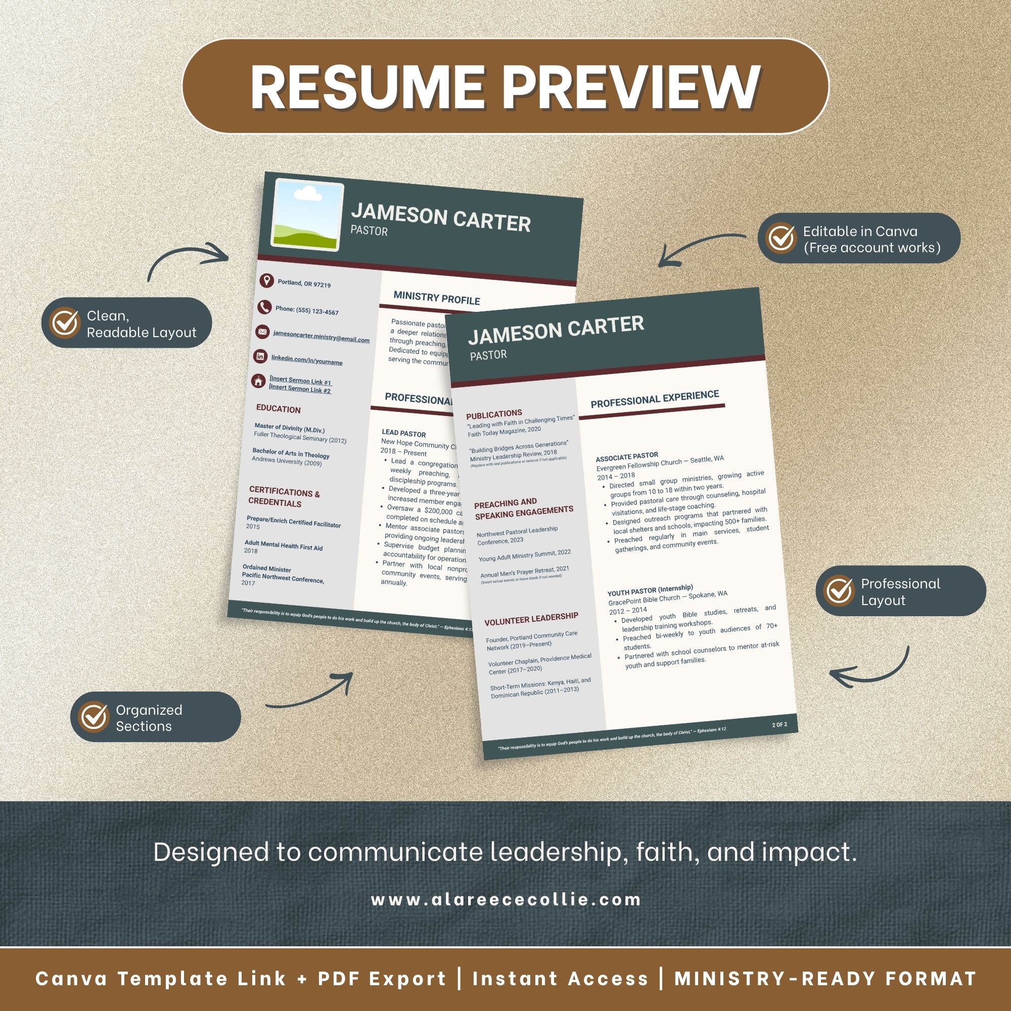 Pastoral Resume Template (Editable in Canva) - Image 3